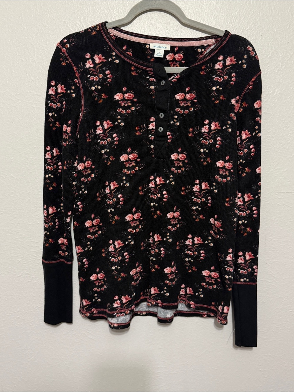 Sundance Black Floral Long Sleeve Thermal Tee Dark Romantic Whimsigoth